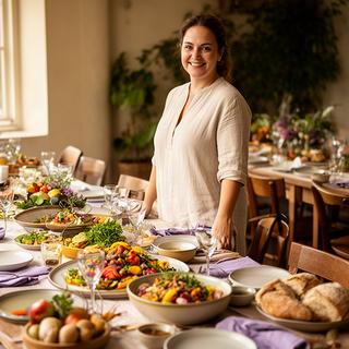 Catering founder smiling beside a long community dining table set for lunch