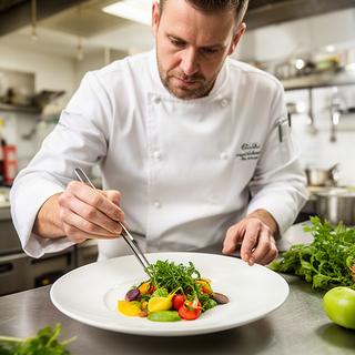 Head chef plating a seasonal Welsh dish in a bright professional kitchen