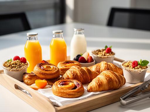 Corporate breakfast tray with pastries, mini Danish, granola pots and juice