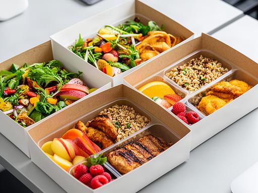 Healthy office lunch boxes with salad, grain bowl, protein and fruit snack