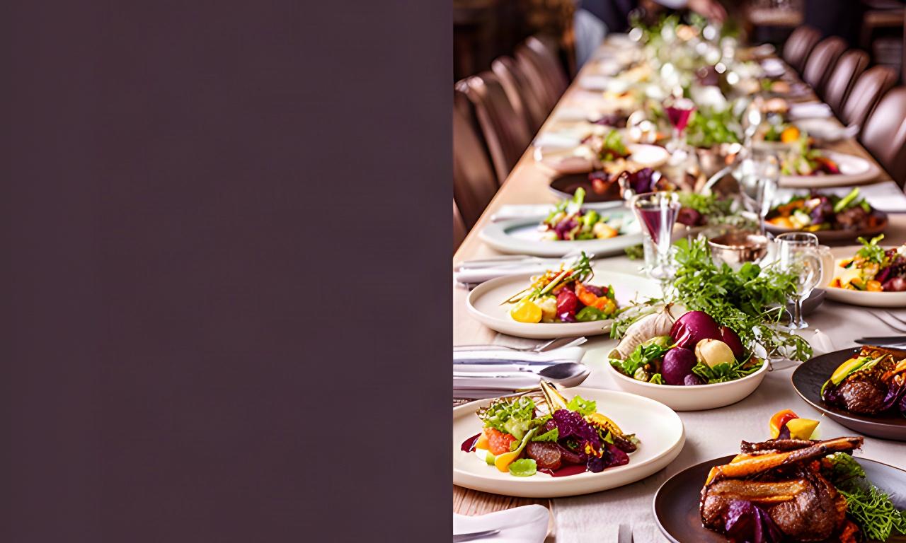 Beautifully plated seasonal dishes on a long dining table prepared for an event in South Wales
