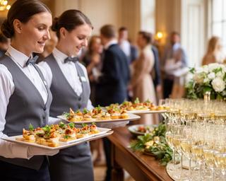 Wedding canapé reception with servers carrying small savoury bites beside a drinks table