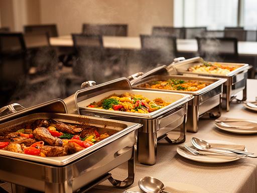 Hot buffet dishes in transportable warmers ready for a business lunch